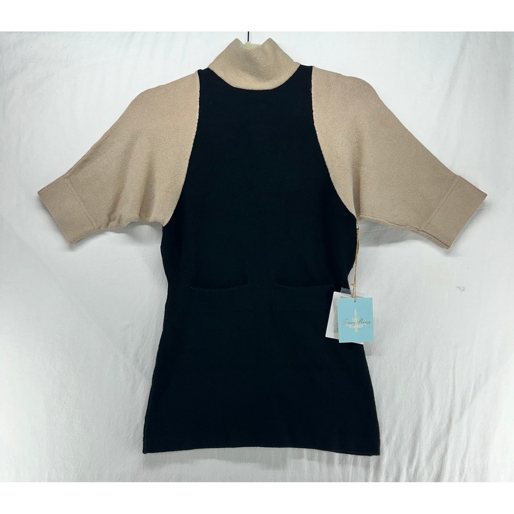 Tracy Reese New York Colorblock Mock Neck Knit Tunic Top Black Tan M NEW